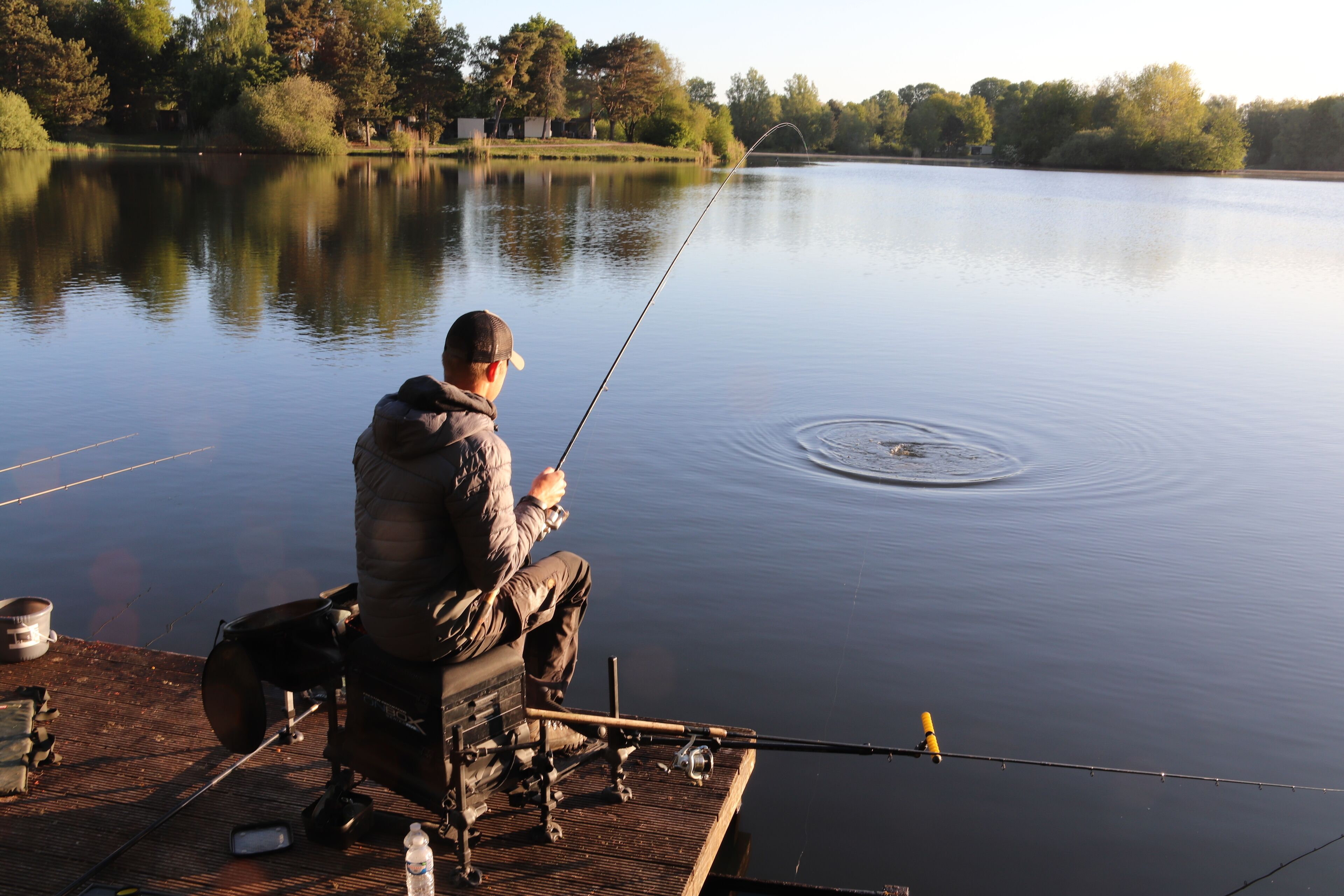 A person fishing on a wooden dock by a calm lake with trees in the background.