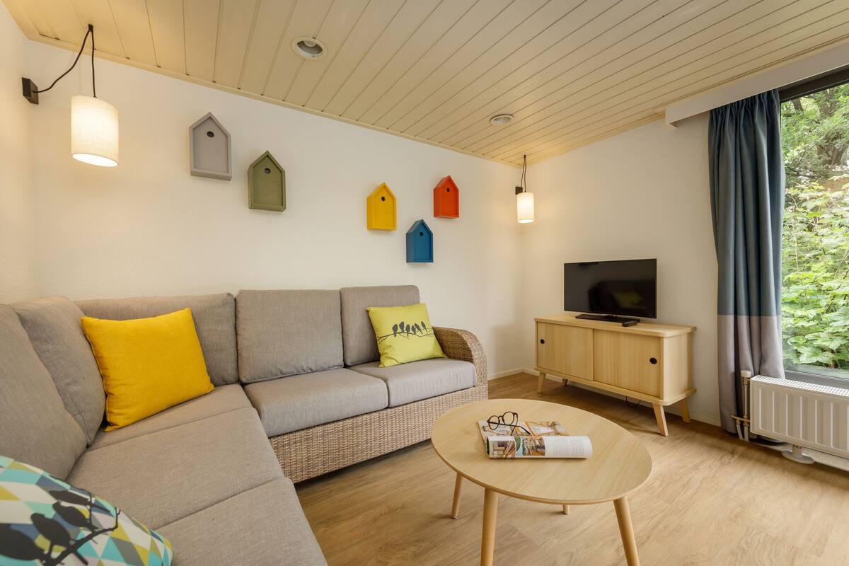 A living room with a sofa, a coffee table, a TV, and wall-mounted birdhouse decorations.