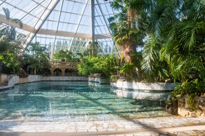 Una piscina interior con techo de vidrio, rodeada de exuberante follaje y paredes de piedra.