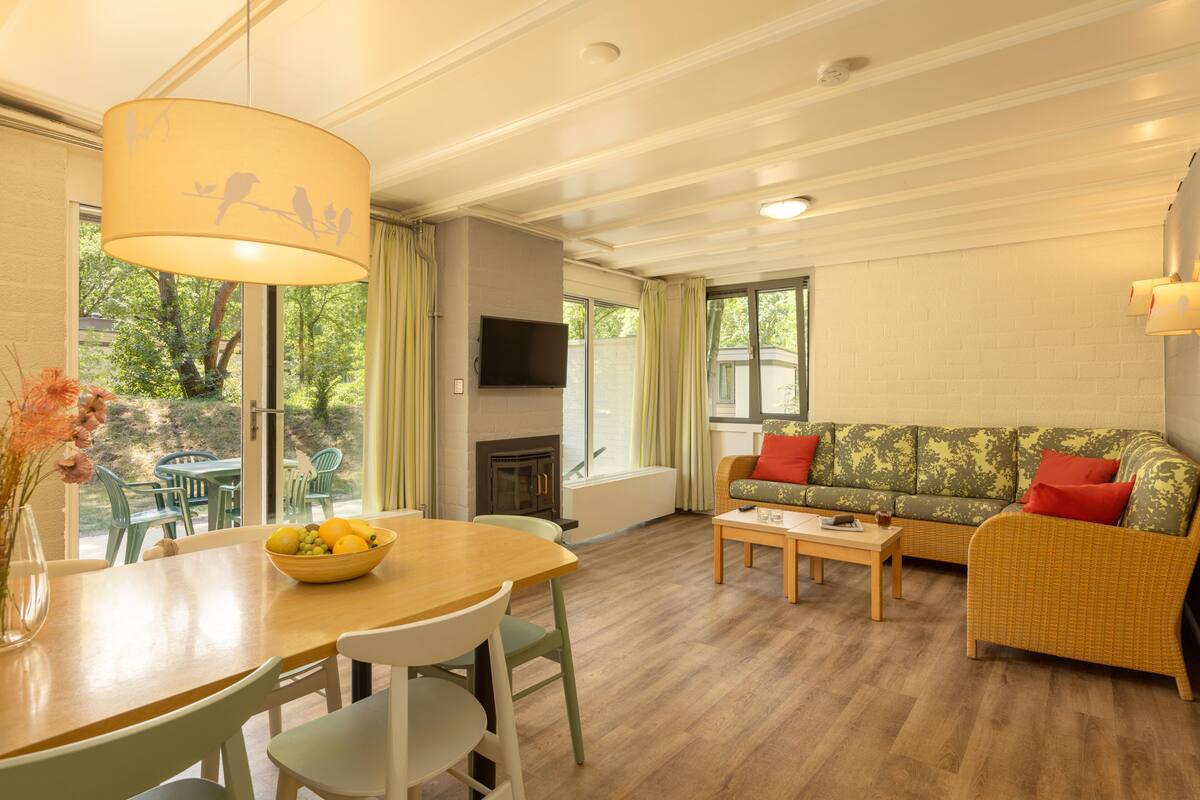 A living room with a sofa, a dining table with chairs, a fireplace, and a television.