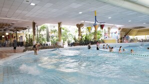 Piscina interna com várias pistas de natação, rodeada por áreas de estar e plantas em vasos.