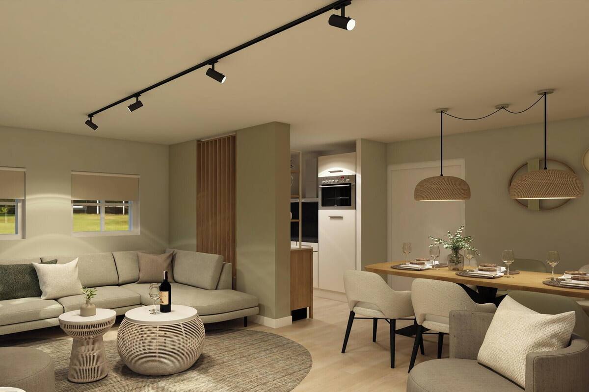 A modern living room with a sofa, coffee table, and dining area.