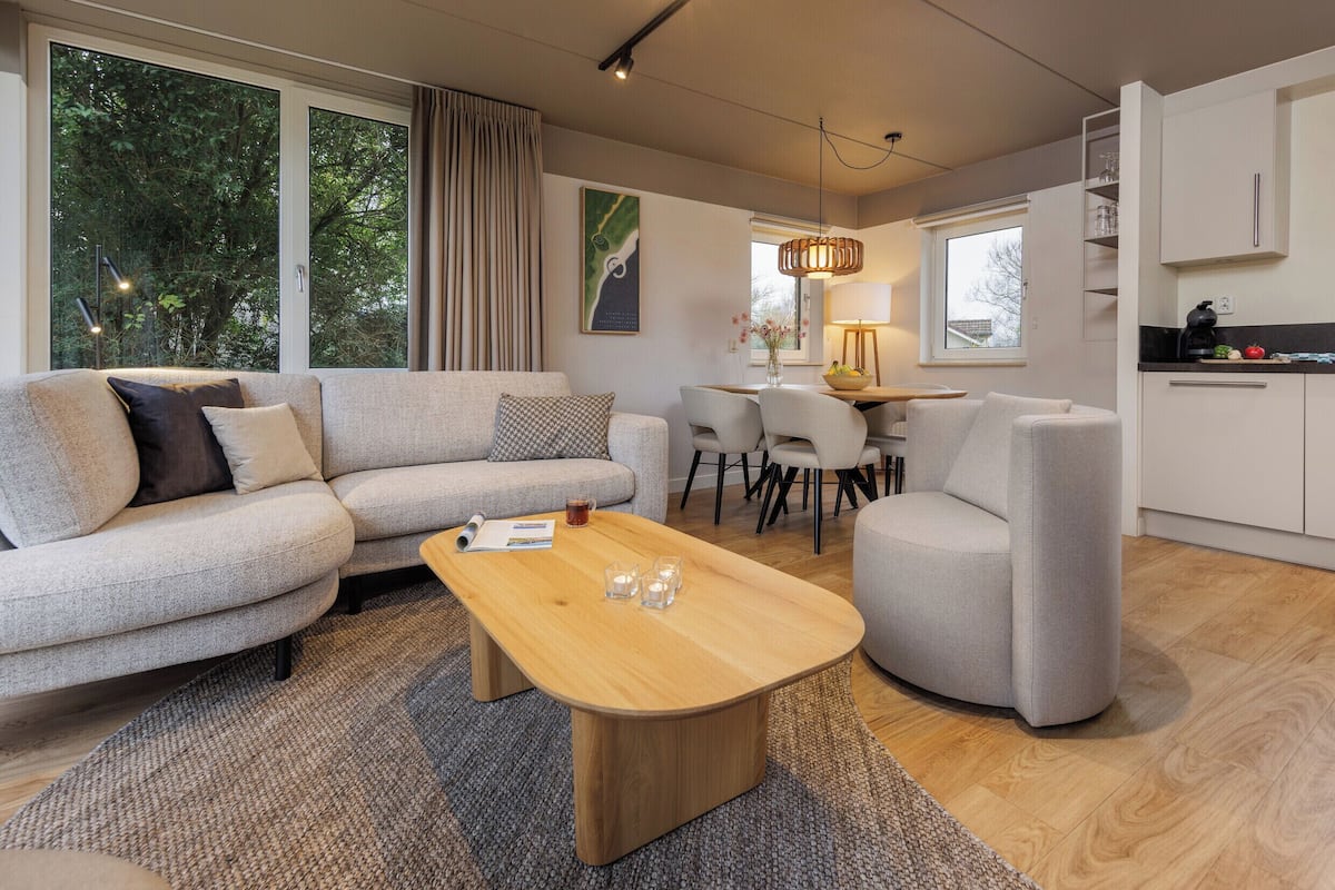 A modern living room with a sofa, armchair, and coffee table. There is a dining area with a table and chairs, and a kitchen area with cabinets and a countertop.