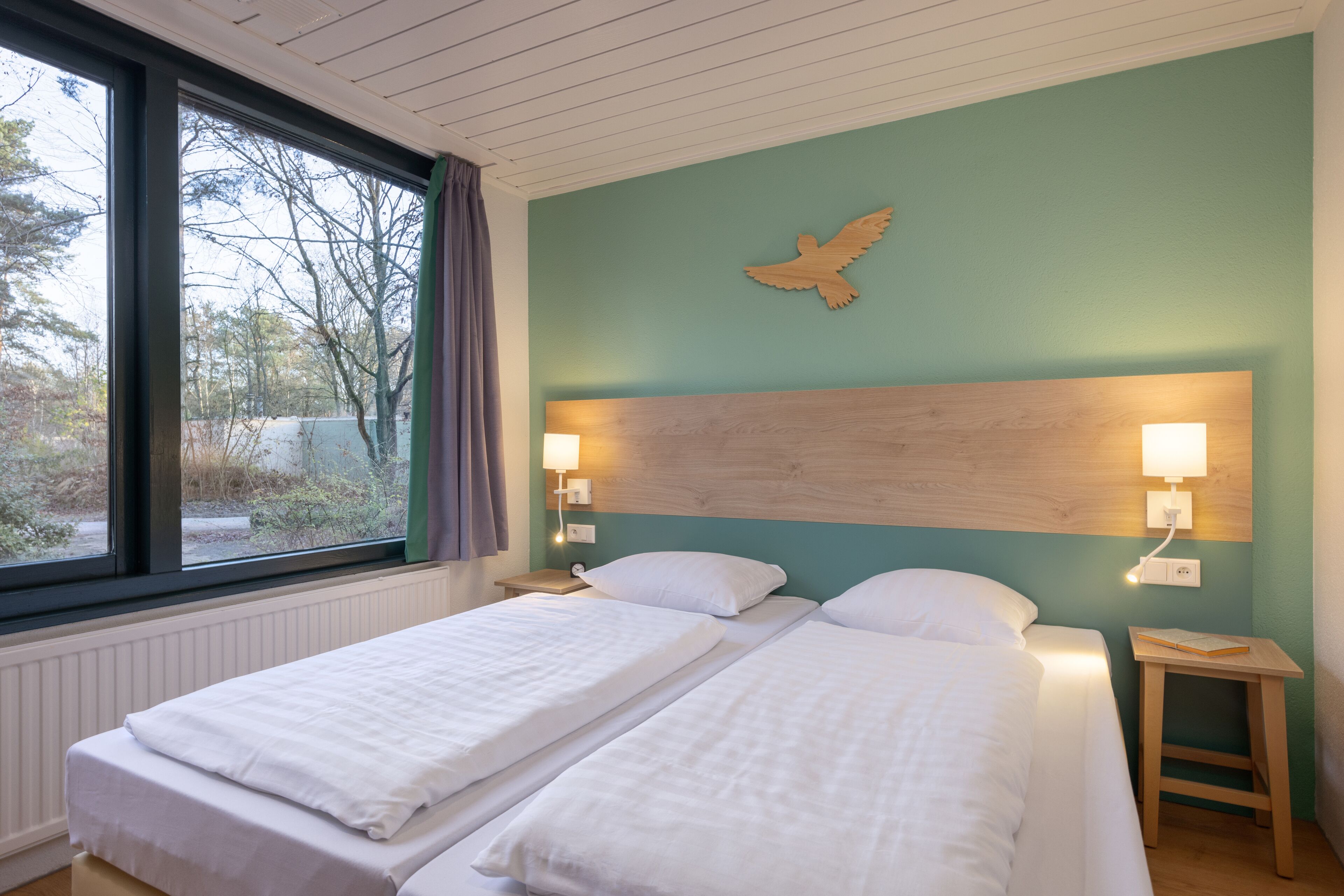 Een kamer met twee bedden, een raam met uitzicht op bomen, een houten hoofdbord en een wandlamp.