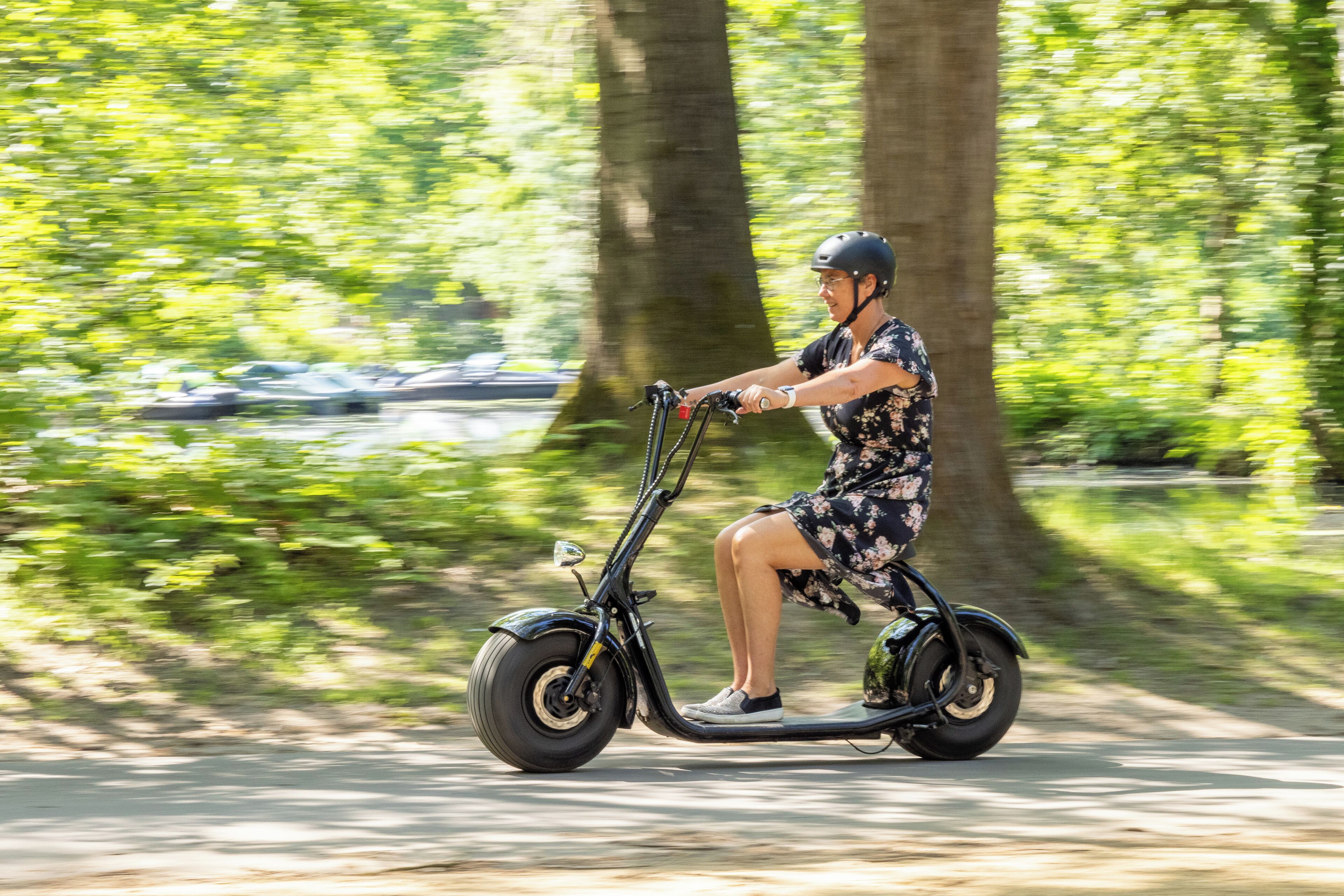 Iemand rijdt op een elektrische scooter over een pad met bomen.