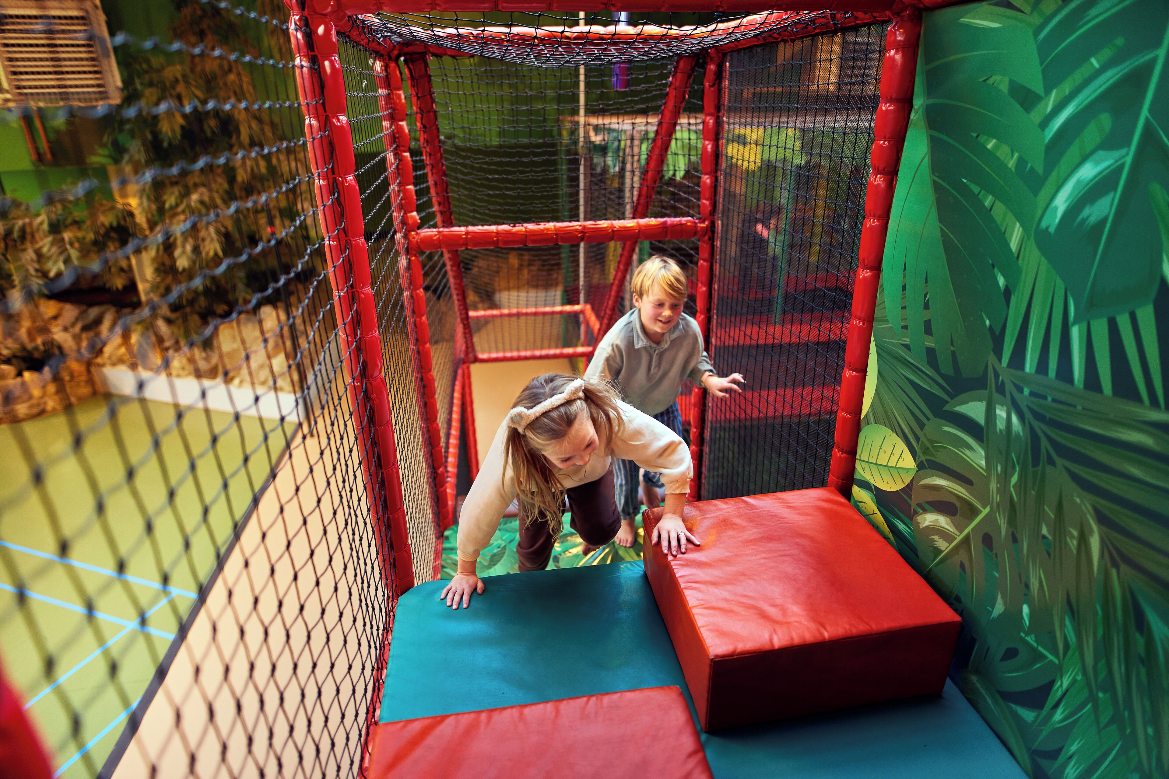 A play area with a netted enclosure, padded platforms, and a green wall with leaf patterns.