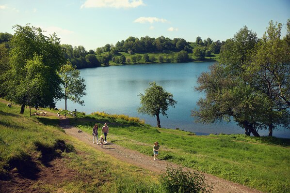 A grassy path beside a lake with trees and a clear sky. - Center Parcs Park Eifel (Gunderath)