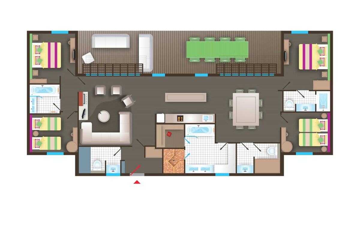 A hotel layout with multiple bedrooms, a dining area, a kitchen, and a pool area.