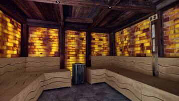 A sauna with wooden benches and a stone floor.