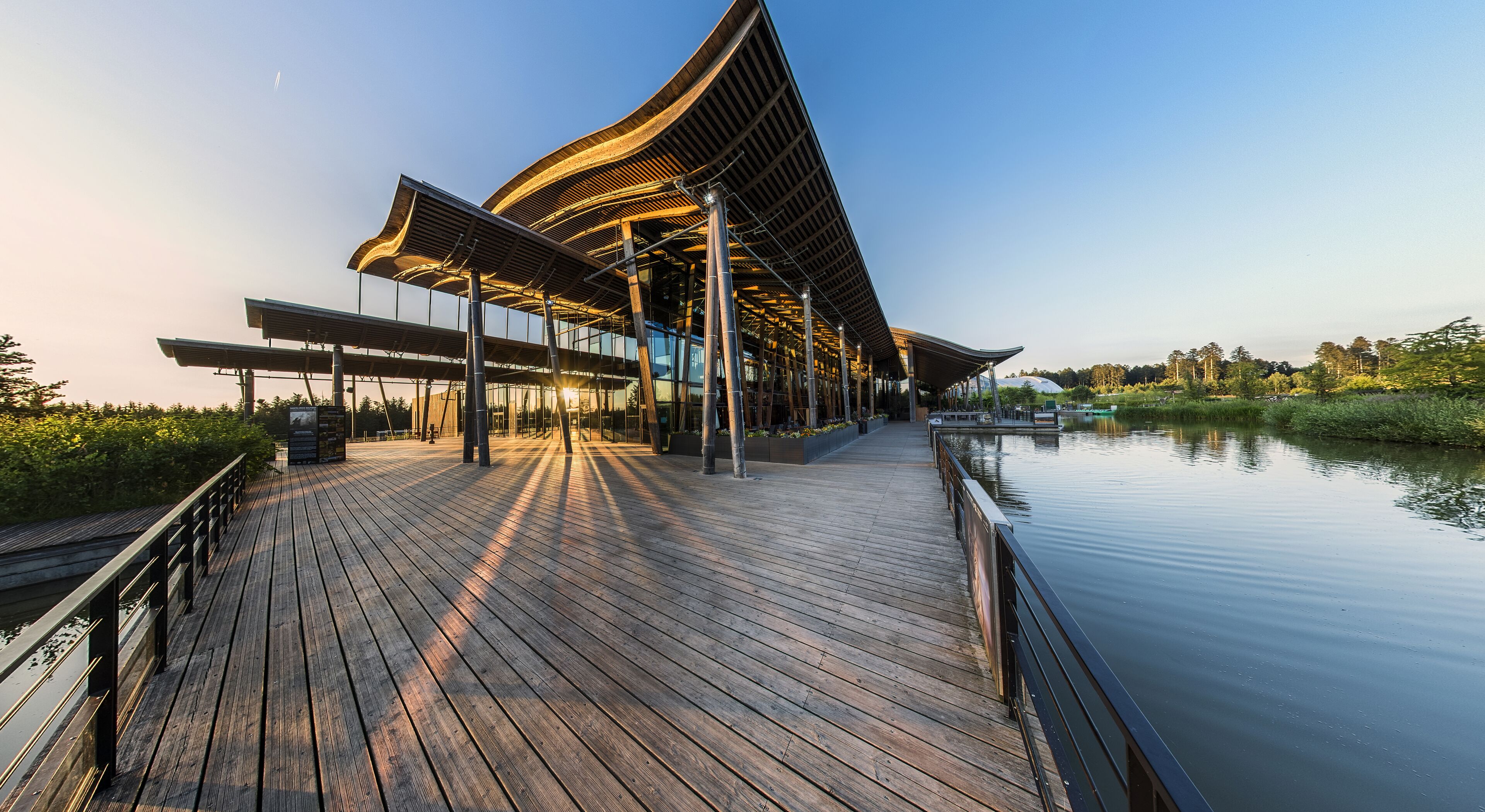 Un bâtiment moderne doté d’un toit incurvé et d’une terrasse en bois qui s’étend au-dessus d’une étendue d’eau.