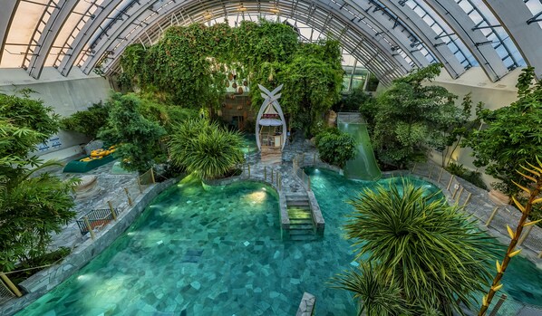 2 outdoor pools, a natural pool, open 10:00 AM to 7:30 PM, pool loungers