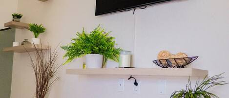 Un salon avec un téléviseur à écran plat fixé au mur, des étagères en bois ornées de plantes et d’objets décoratifs, et une grande plante en pot placée au premier plan.