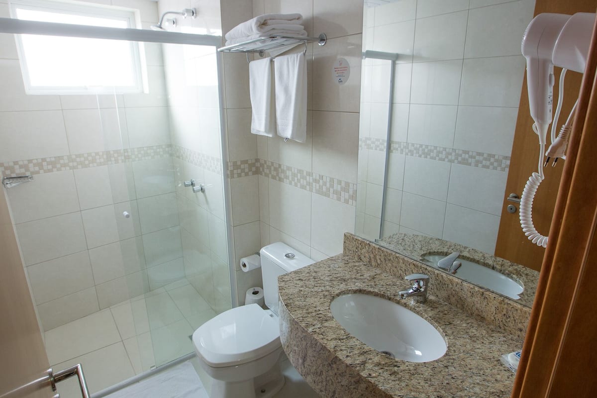 shower, free toiletries, hair dryer, towels