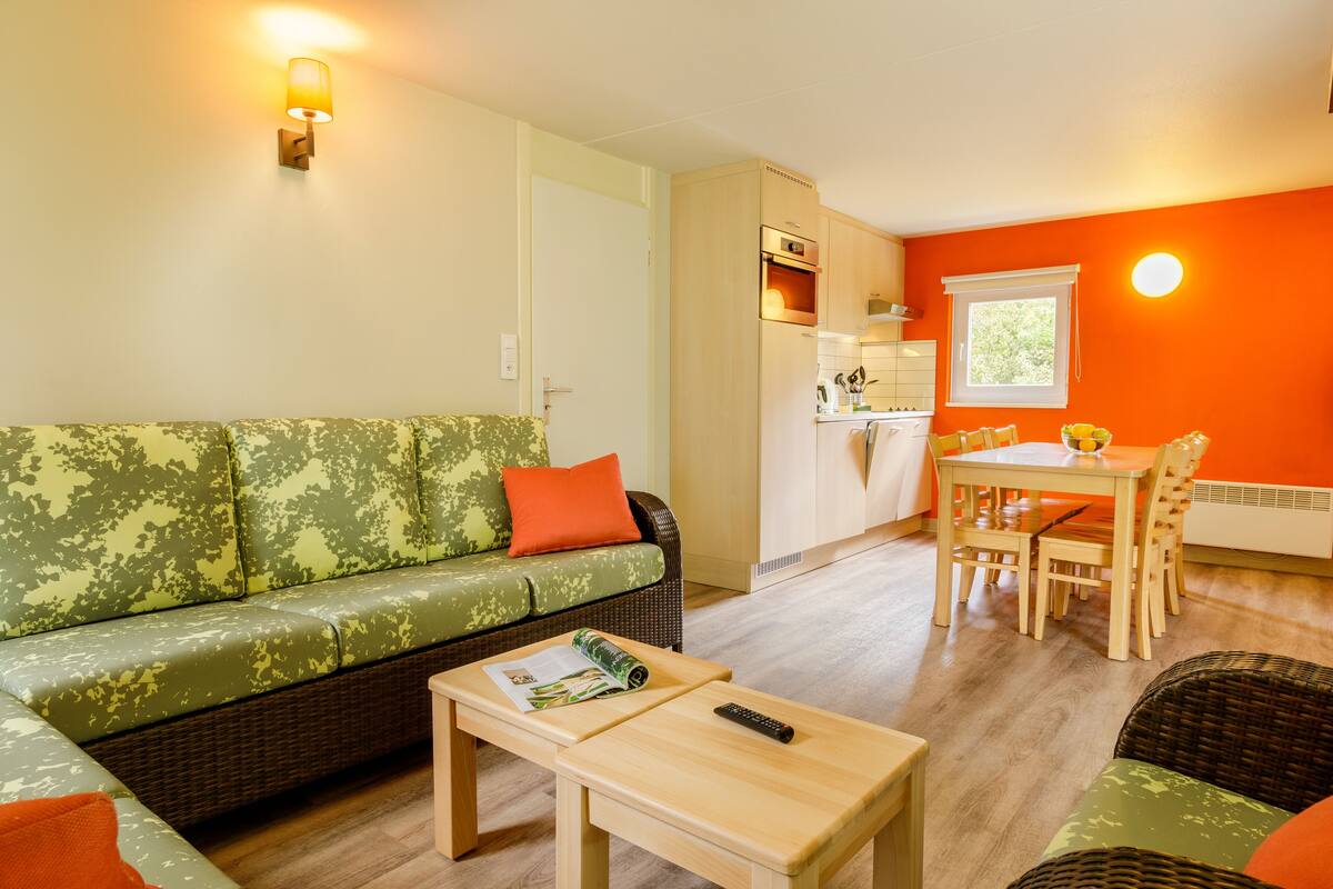 Un salon avec un canapé à motifs verts, une table basse en bois avec une télécommande, et un coin repas avec une table et des chaises.