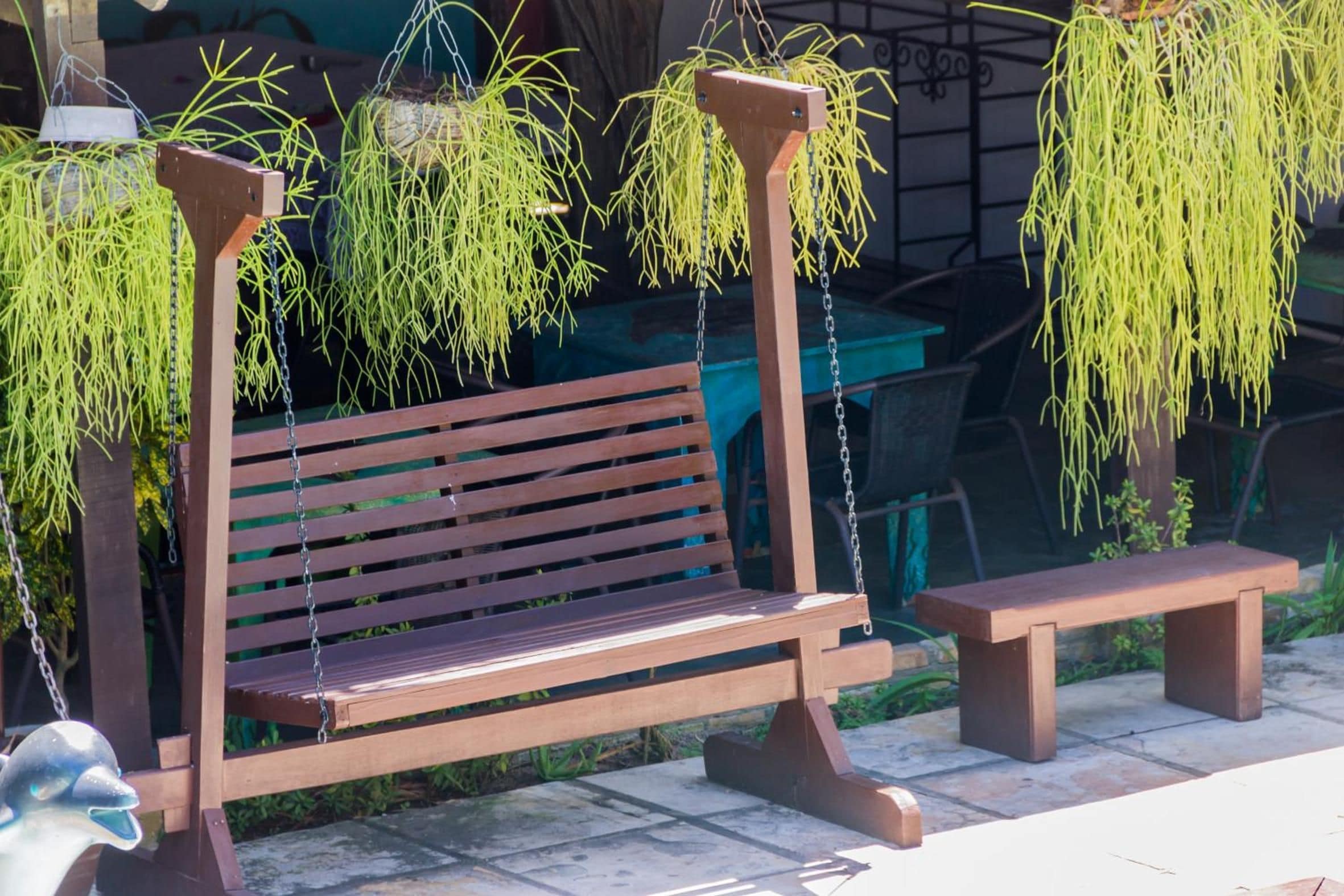 Um banco de madeira com encosto e assento coordenado, ambos com correntes de metal para pendurar plantas.