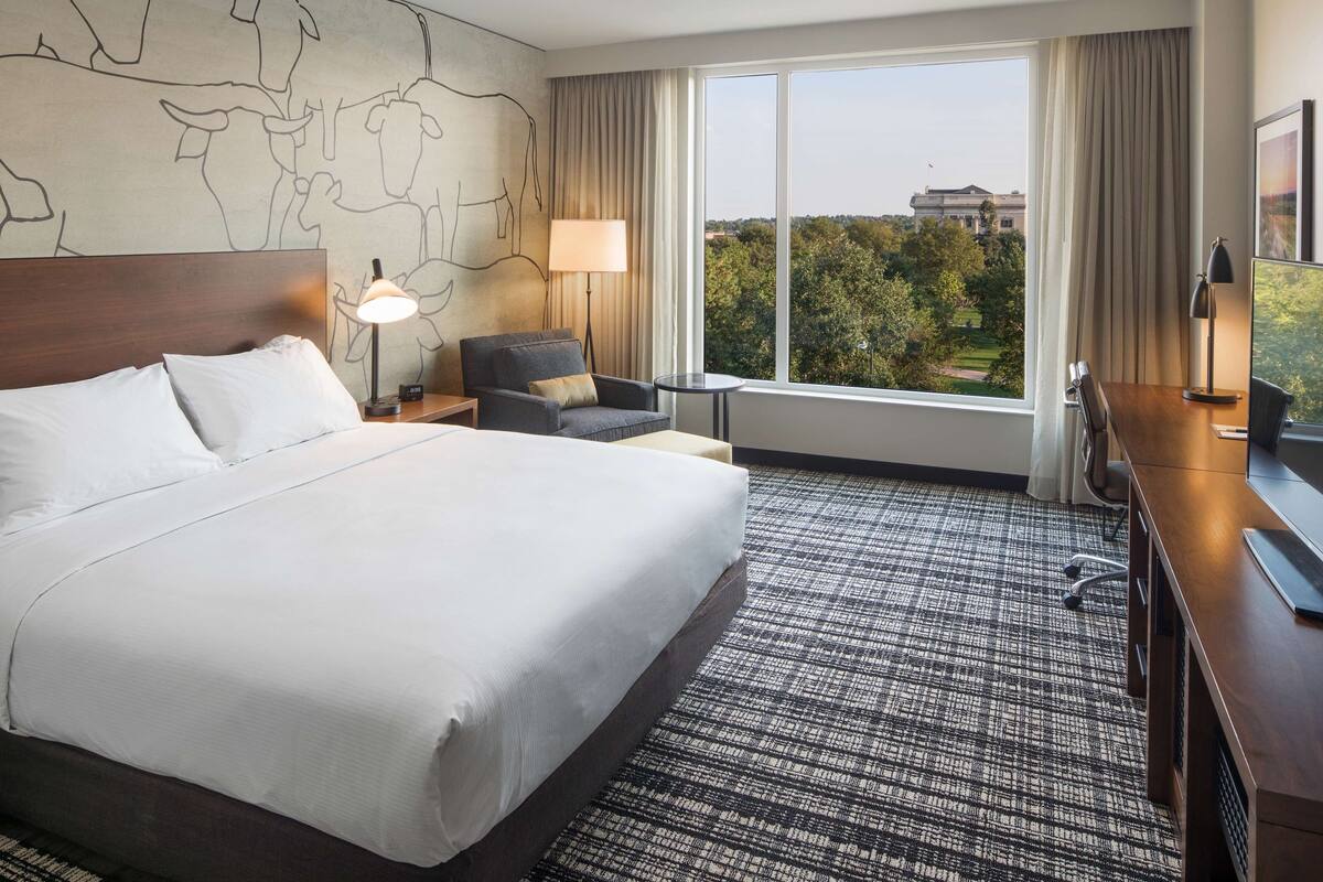 A hotel room with a large bed, a desk, a chair, a lamp, and a view of trees and buildings.