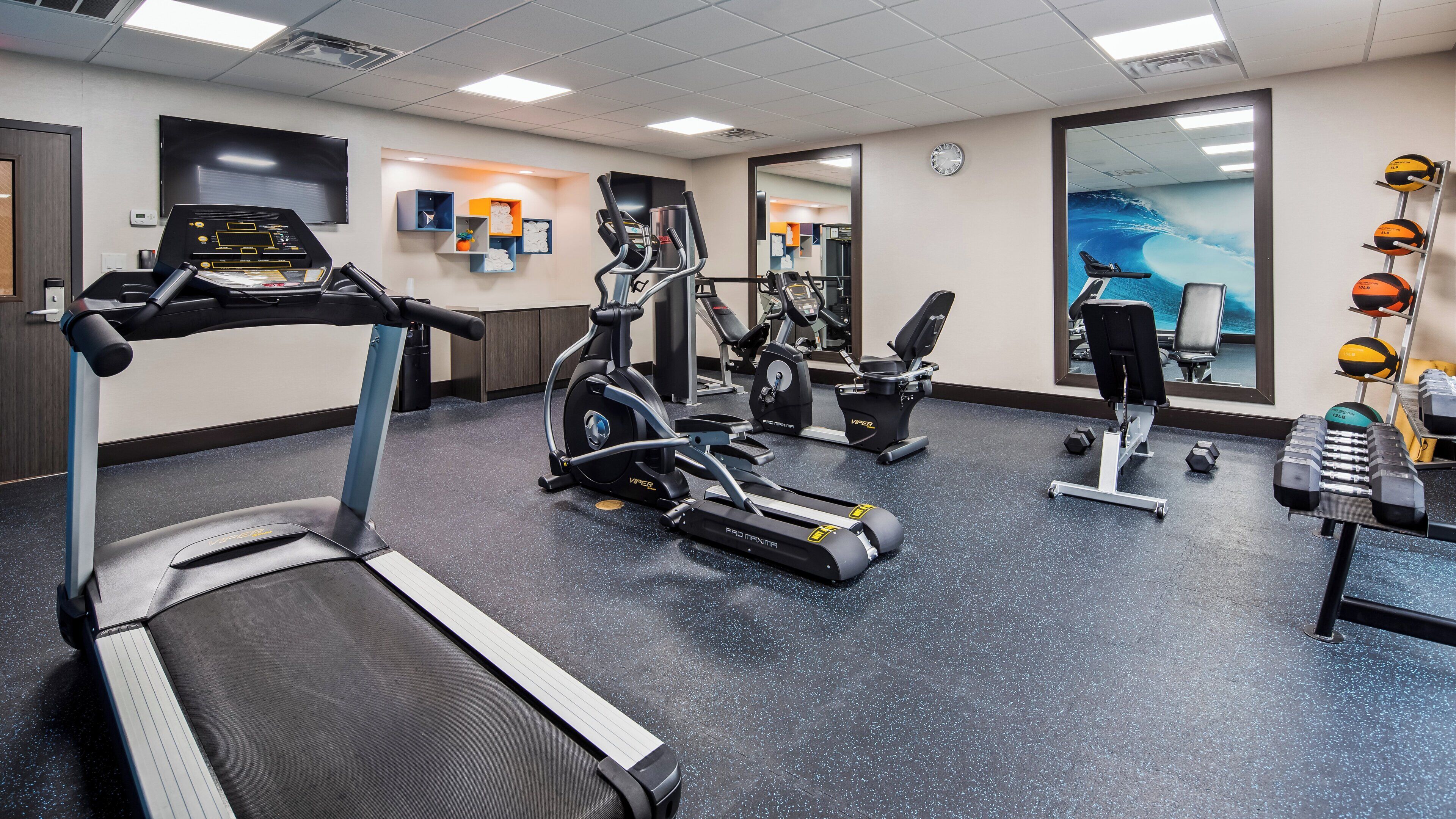 A gym with treadmills, elliptical machines, and free weights.