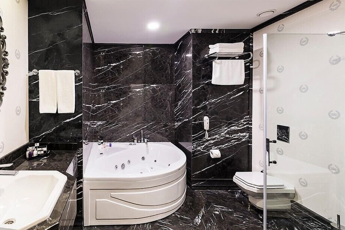 combined shower/bathtub, free toiletries, hair dryer, bathrobes