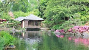 A traditional Japanese-style building with a tiled roof, situated by a calm pond with pink flowering trees and lush greenery. - Best Western Hotel Kaiserslautern (Kaiserslautern)