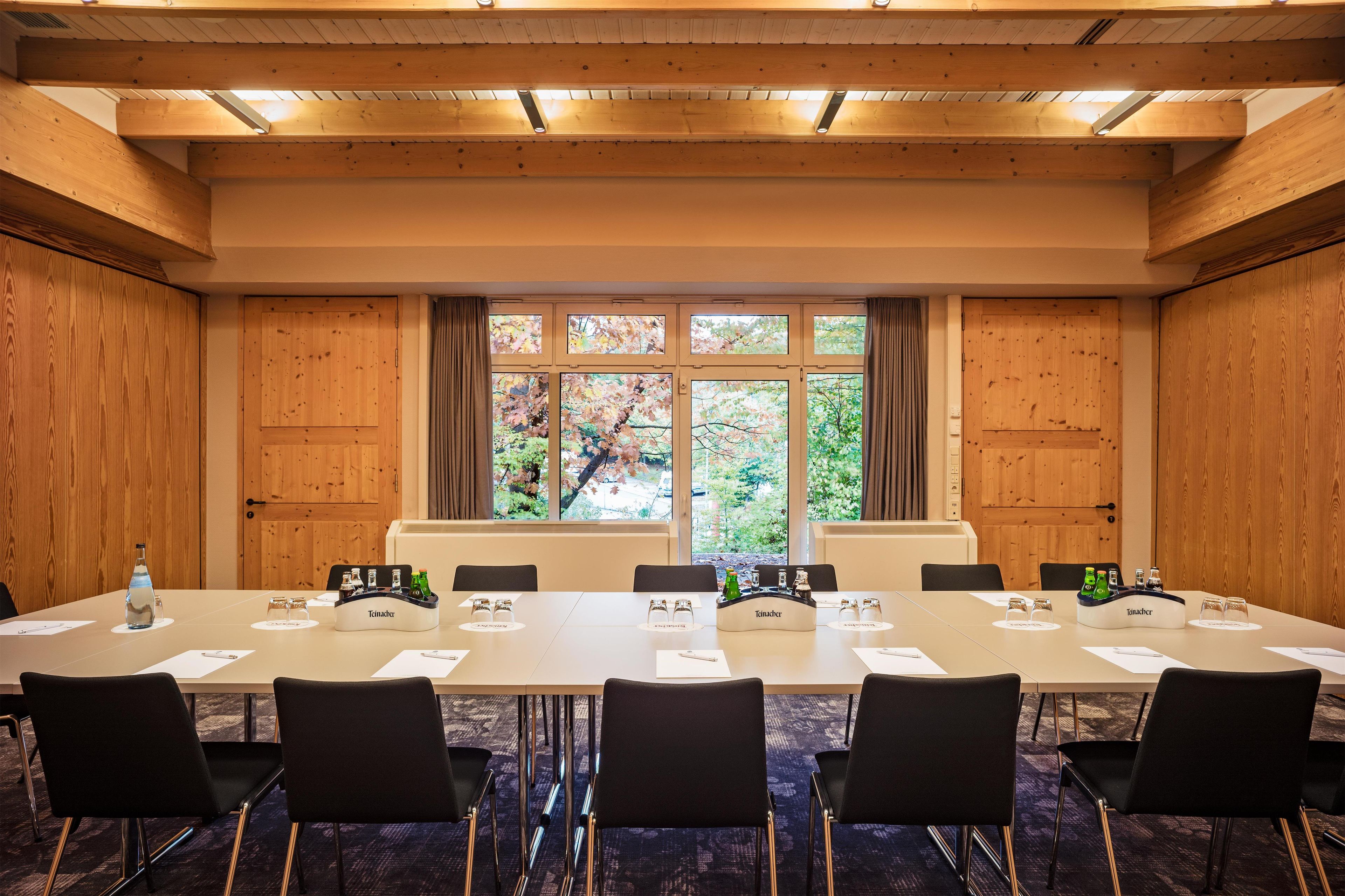 A conference room with a long table, chairs, and a view of trees through large windows.