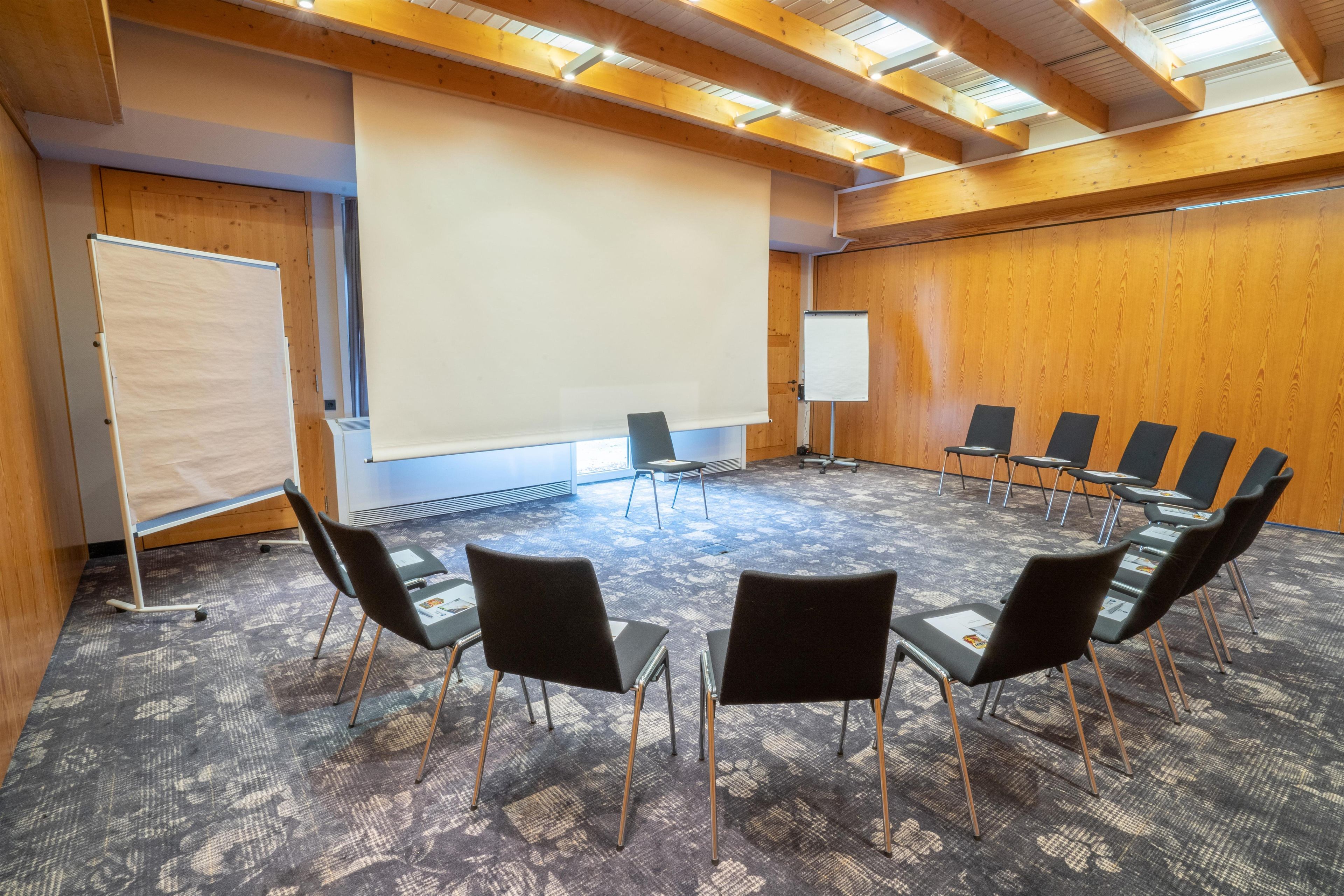 Una sala de conferencias con piso alfombrado, paredes de madera, una pantalla blanca y una pizarra.