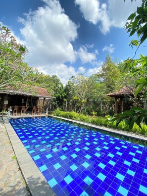 Una piscina con azulejos azules, rodeada de vegetación y dos pequeñas construcciones con tejados de azulejos.