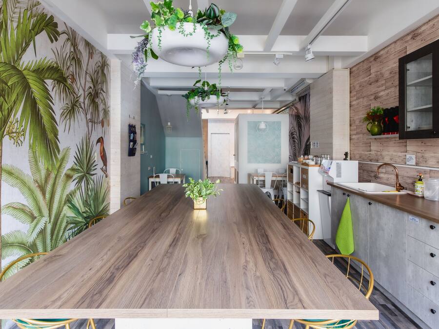 A modern kitchen with a wooden dining table, hanging plants, and a large window.