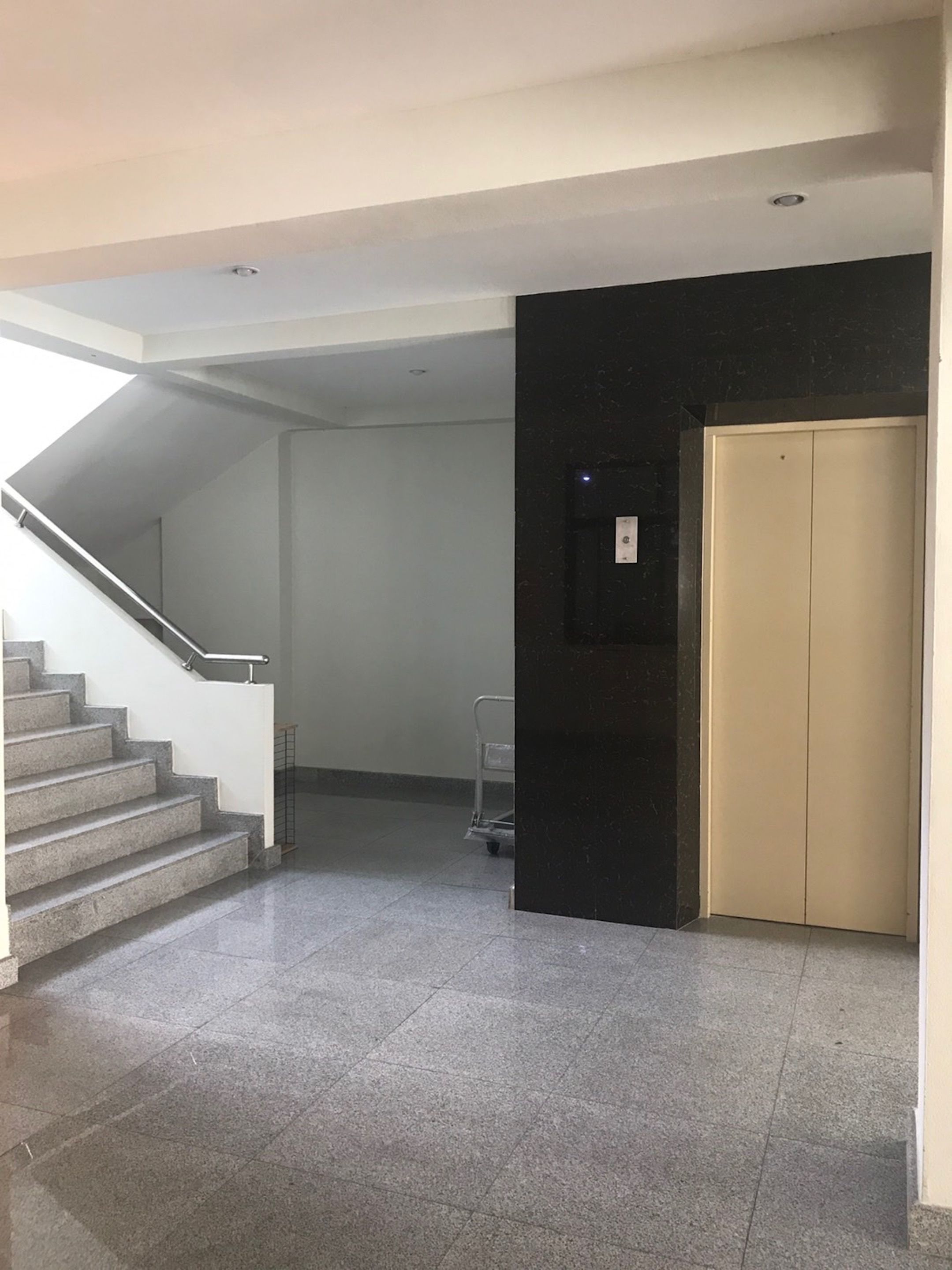 Ein geräumiger Flur mit Treppe links, einer schwarzen Wand inklusive Leuchte und einem beigefarbenen Aufzug rechts.