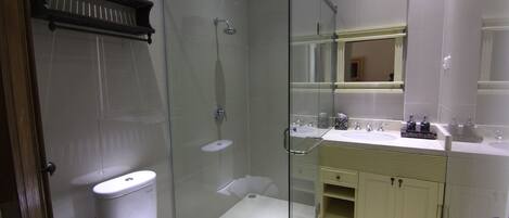 A modern bathroom with a glass-enclosed shower, a toilet, a sink, and a mirror above the sink.