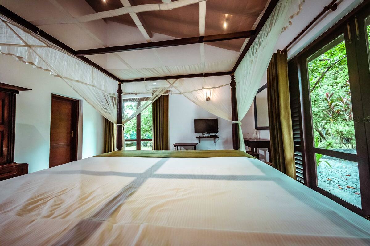 A large bed with a canopy, a television, and a window with a view of greenery.