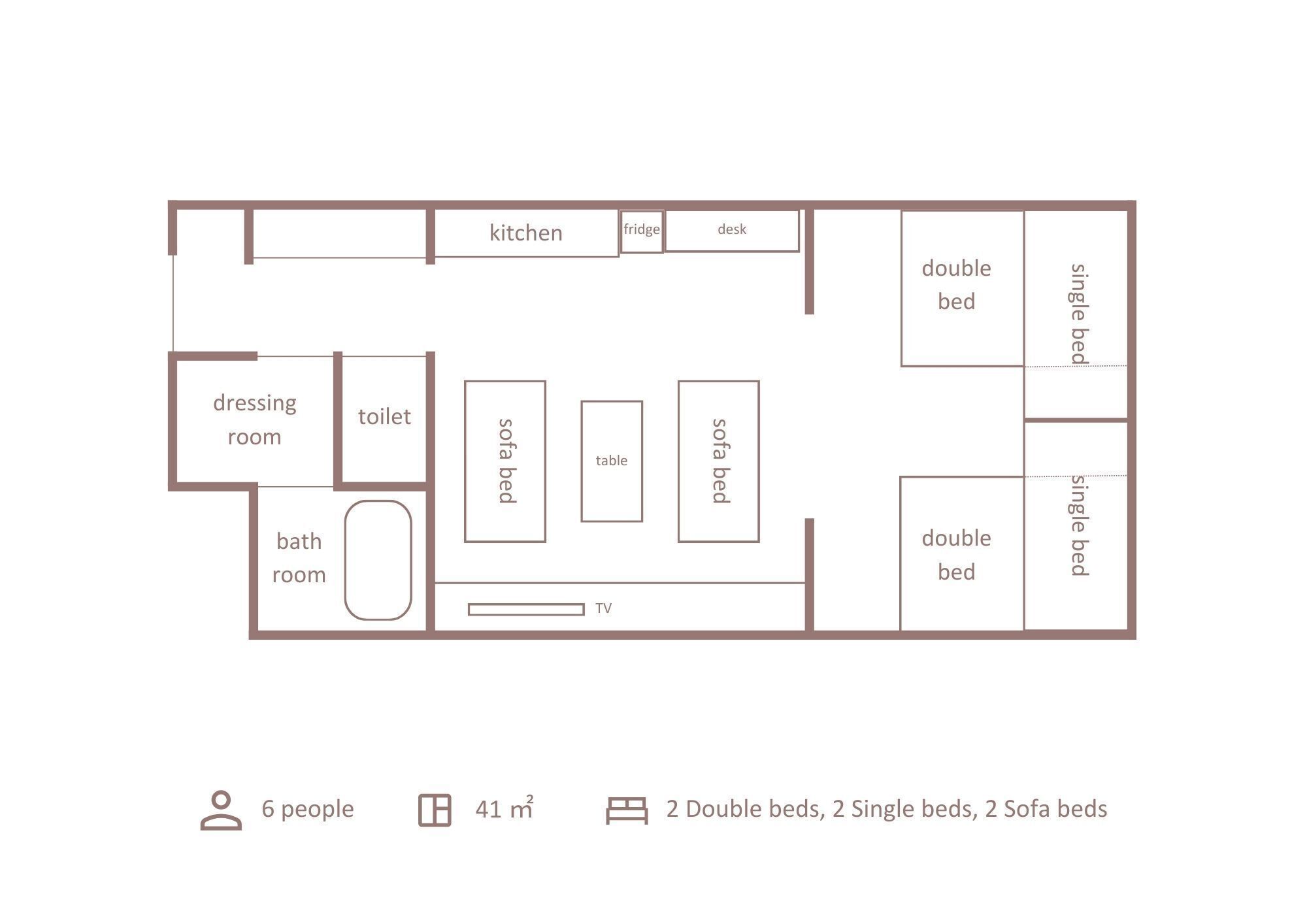 A floor plan of a 41 m² apartment with 6 people accommodation, including 2 double beds, 2 single beds, and 2 sofa beds.