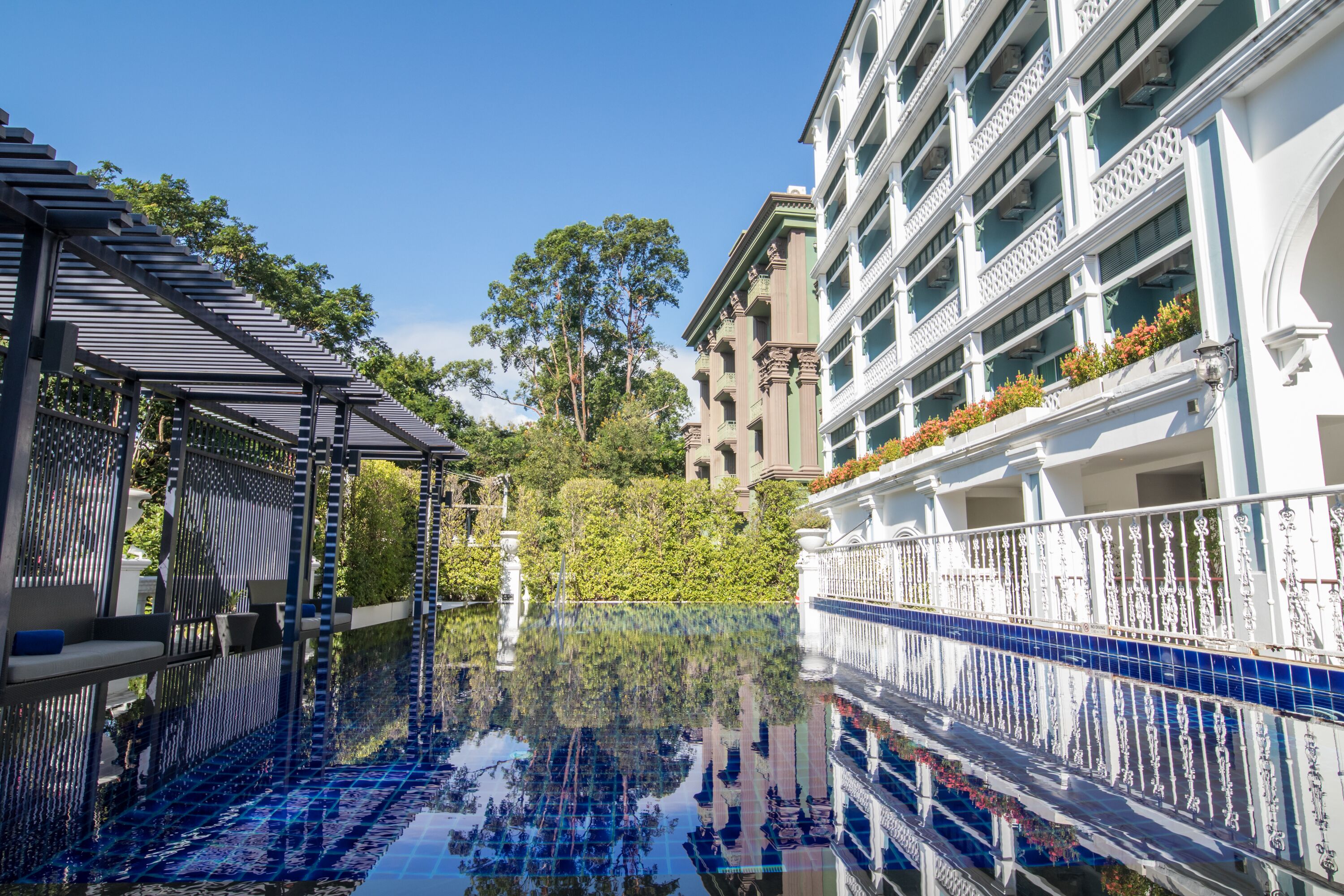 outdoor pool, pool loungers