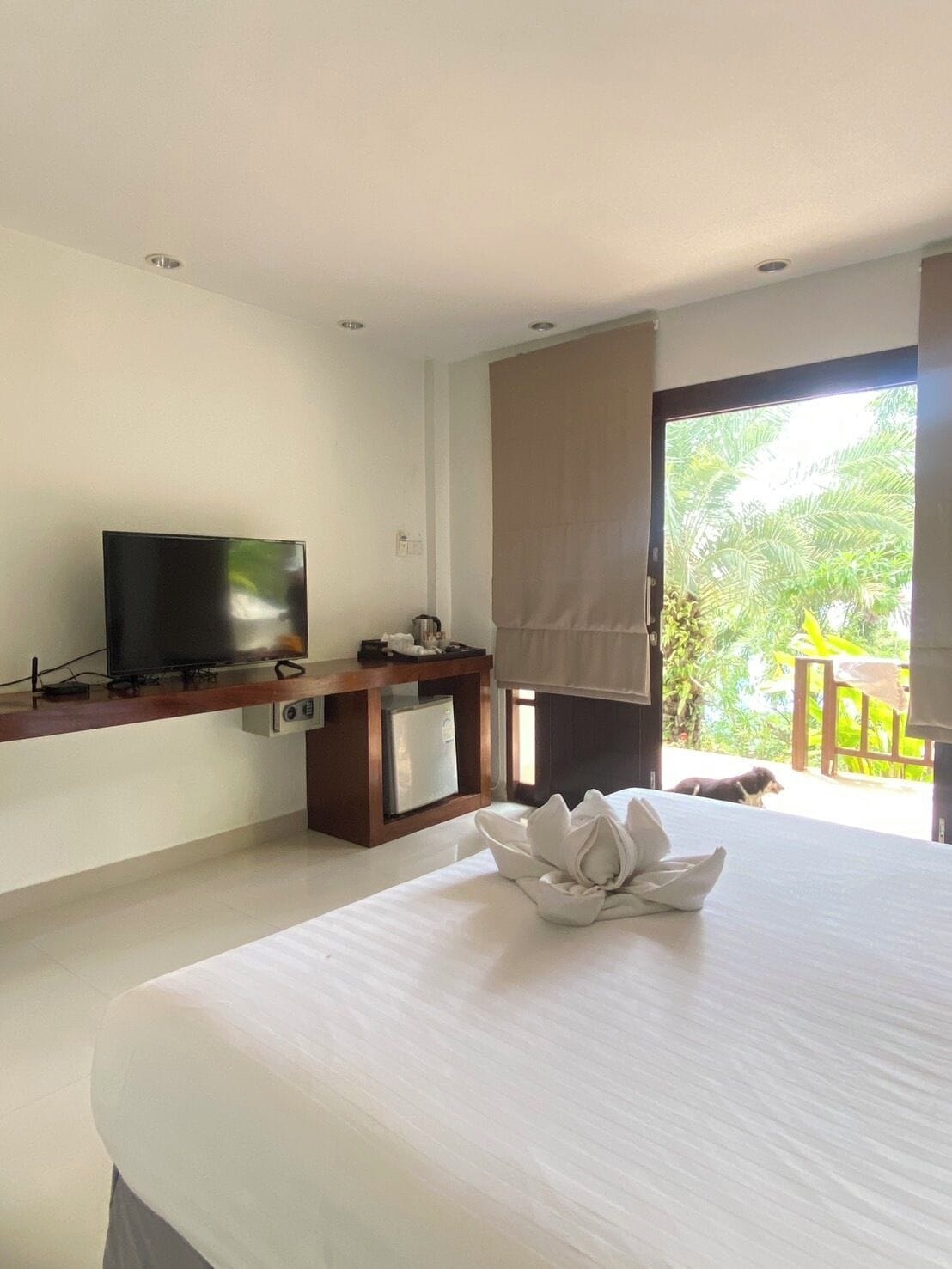 A hotel room with a bed, a TV, a minibar, and a view of the outdoors.