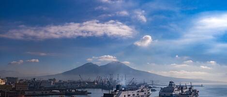 A coastal cityscape with a prominent mountain in the background, a harbor with ships, and industrial cranes.