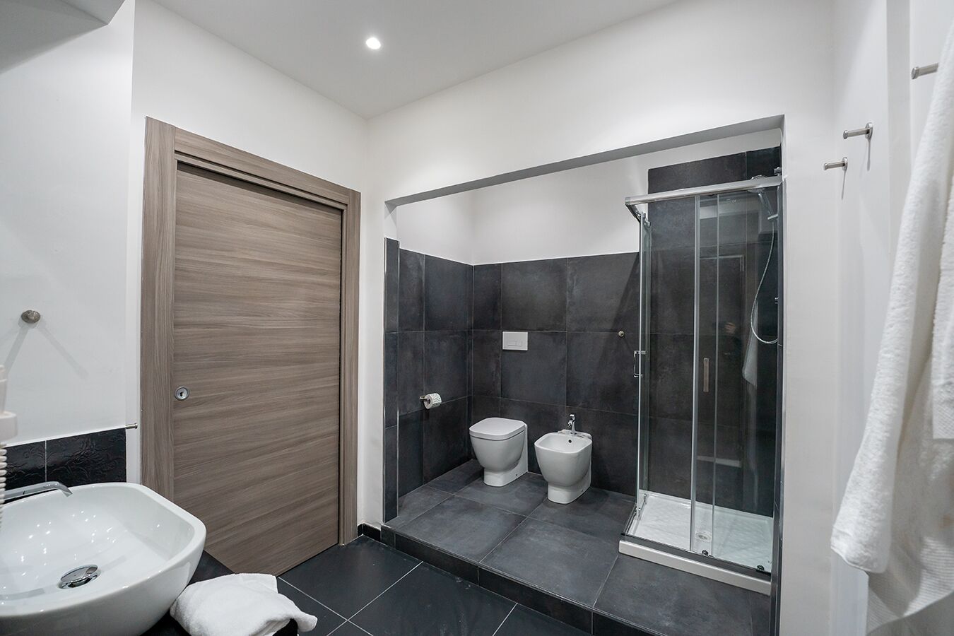 A modern bathroom with a wooden door, a white sink, a bidet, and a glass-enclosed shower.