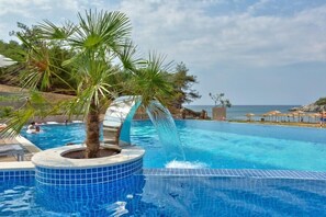 Utomhuspool, parasoller och solstolar