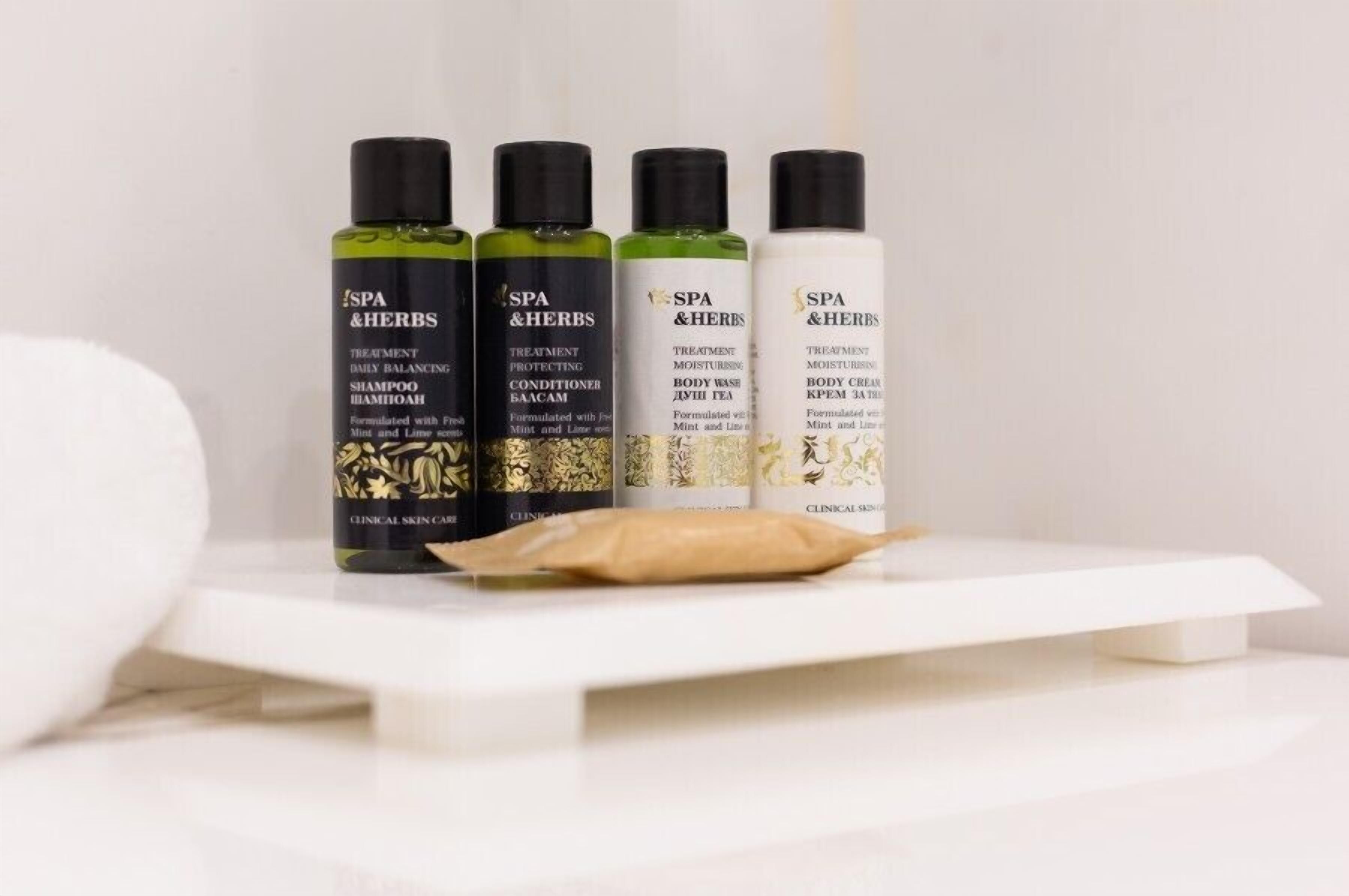 free toiletries, hair dryer, bathrobes, slippers