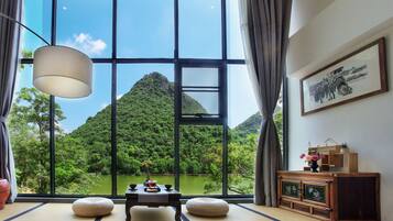 Desk, blackout curtains, soundproofing, iron/ironing board