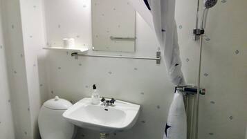 Un baño con inodoro, lavabo y ducha.