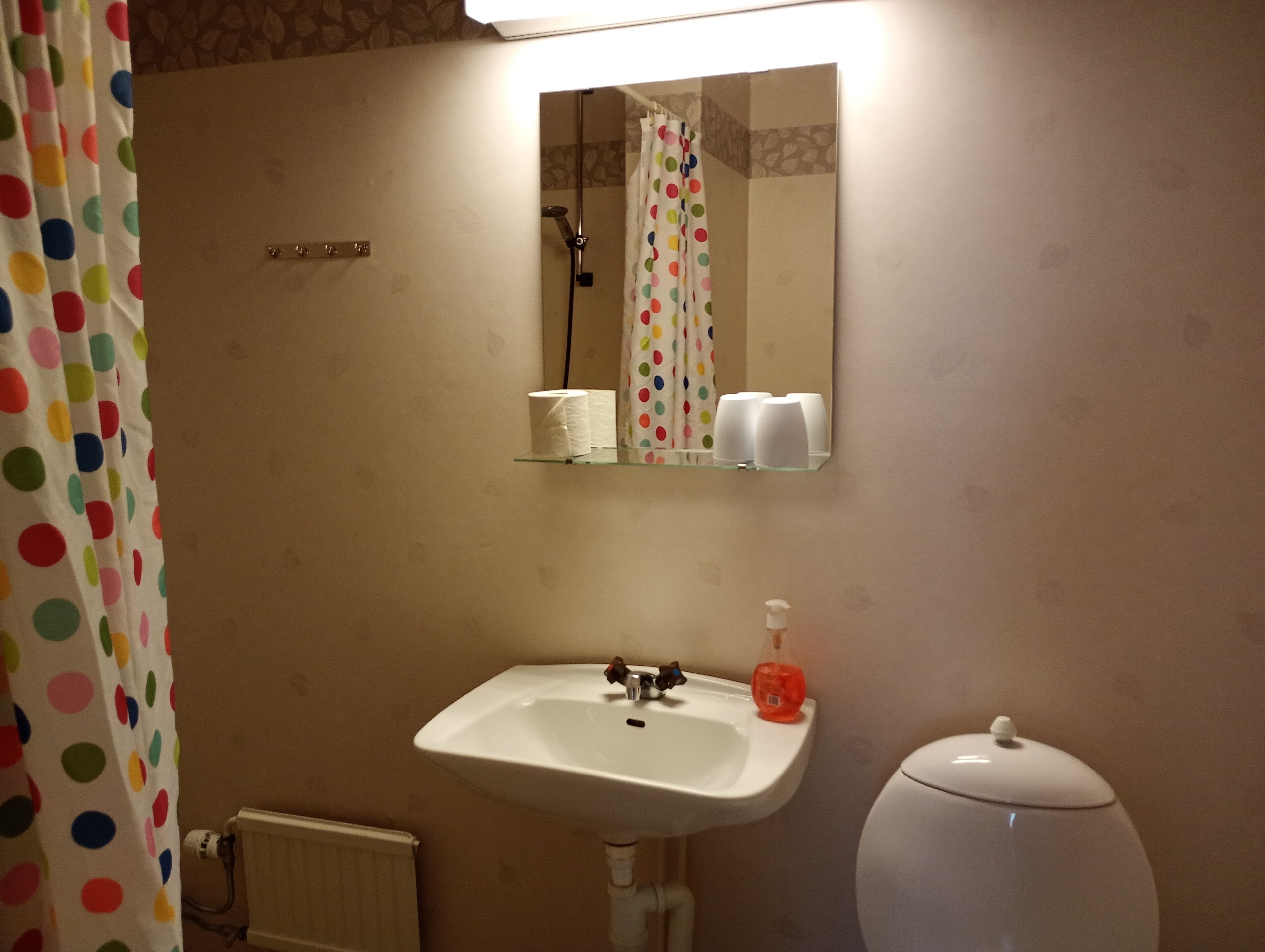 Un baño con un lavabo blanco, un inodoro, un espejo y una cortina de ducha con estampado de lunares.