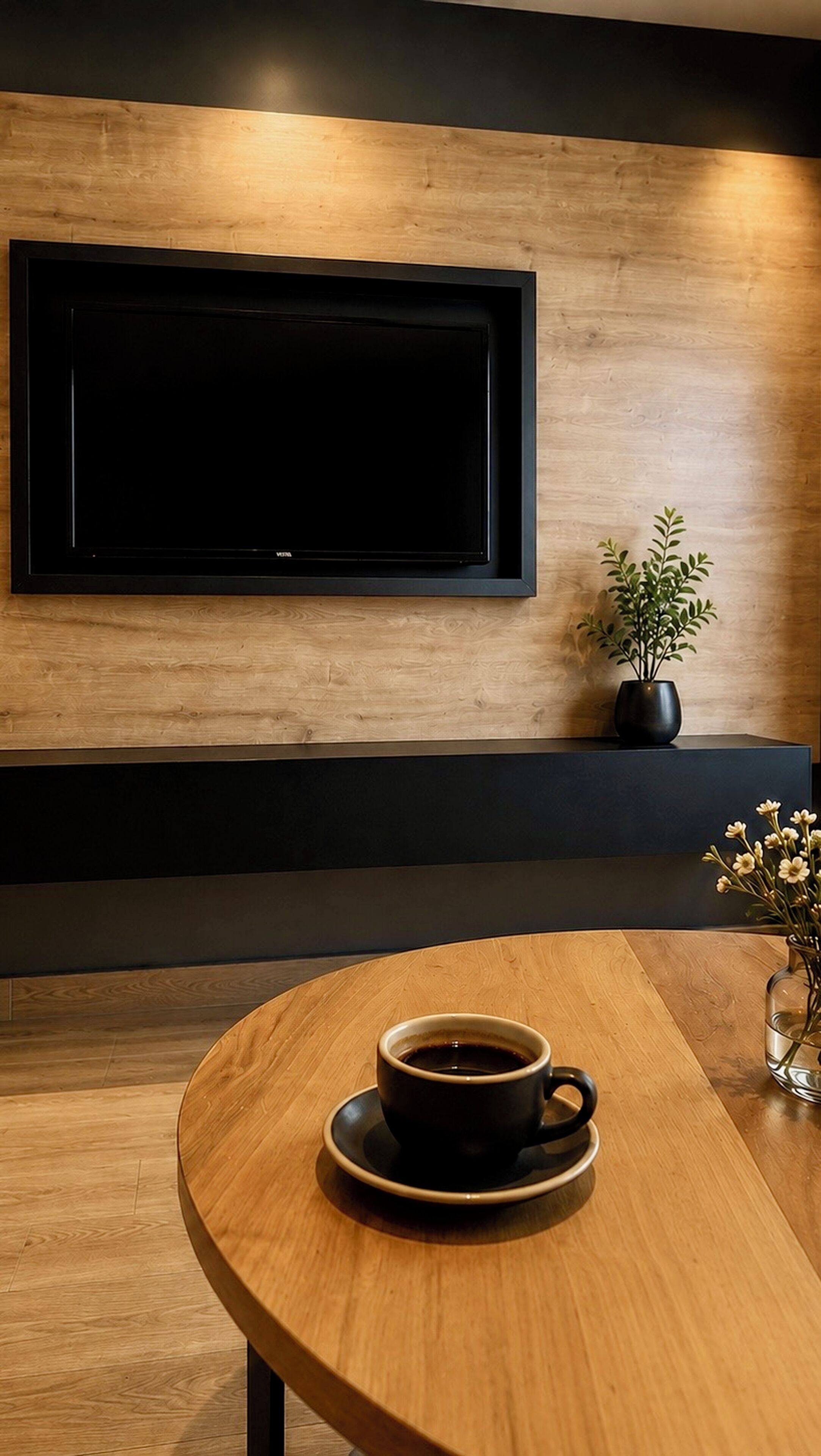 A modern room with a flat-screen TV mounted on a wooden wall, a round wooden table with a coffee cup, and a small potted plant.