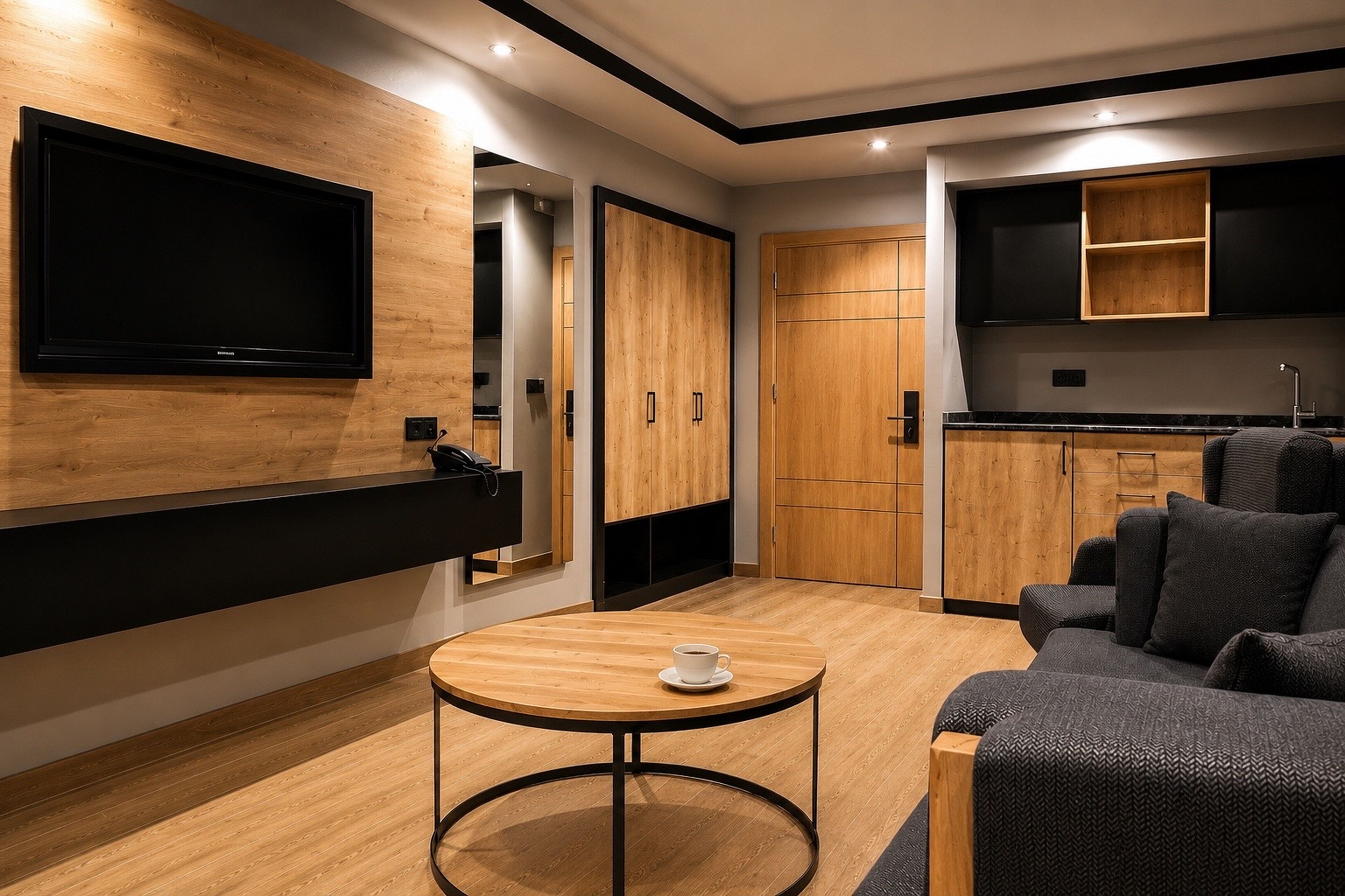 A modern living room with a flat-screen TV, wooden cabinets, a round coffee table, and a sofa.
