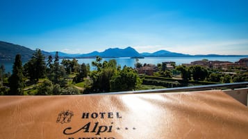 Uitzicht vanaf een balkon van Hotel Alpi Baveno, met zicht op een meer en bergen op de achtergrond.