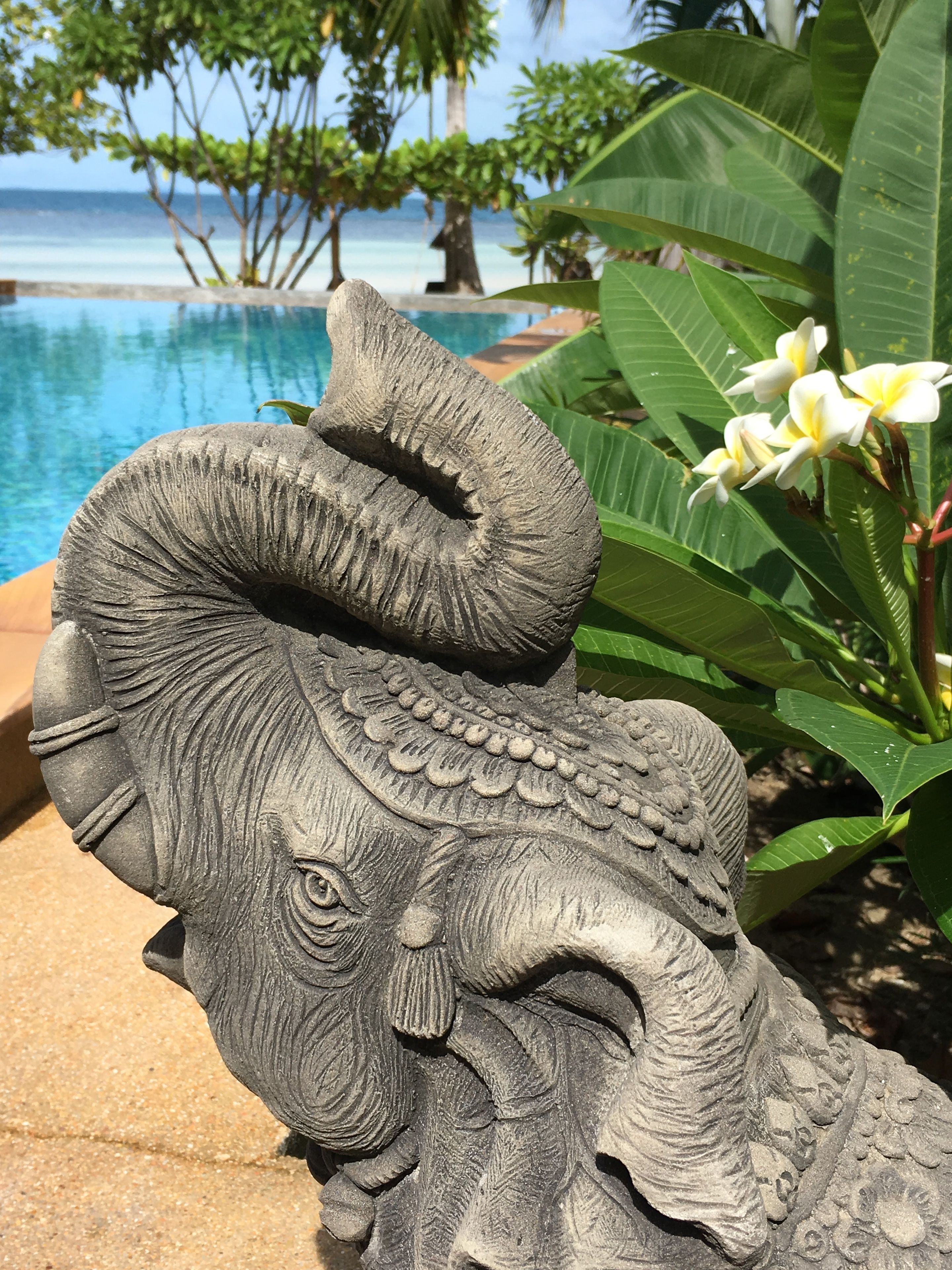 Une sculpture d’éléphant en pierre, située près d’une piscine, avec un jardin tropical et une vue sur l’océan.