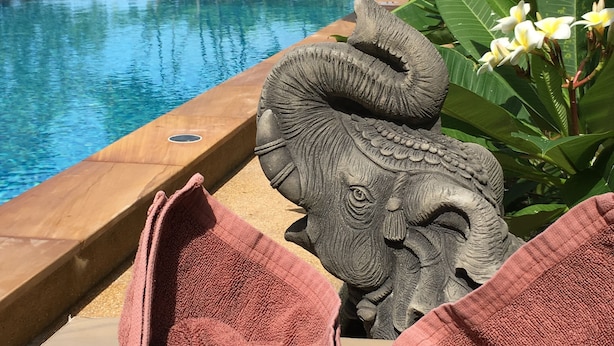 A poolside area with a decorative elephant head sculpture, a pink towel, and a view of the ocean. - Benjamin Hut (Ko Pha-ngan)