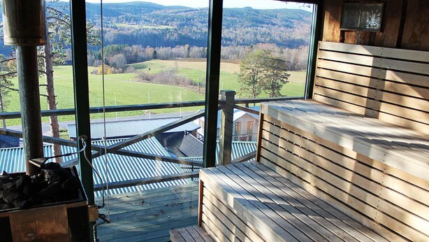 A wooden bench with a view of a green landscape through large windows. - Östanskär Jakt & Konferens (Indal)