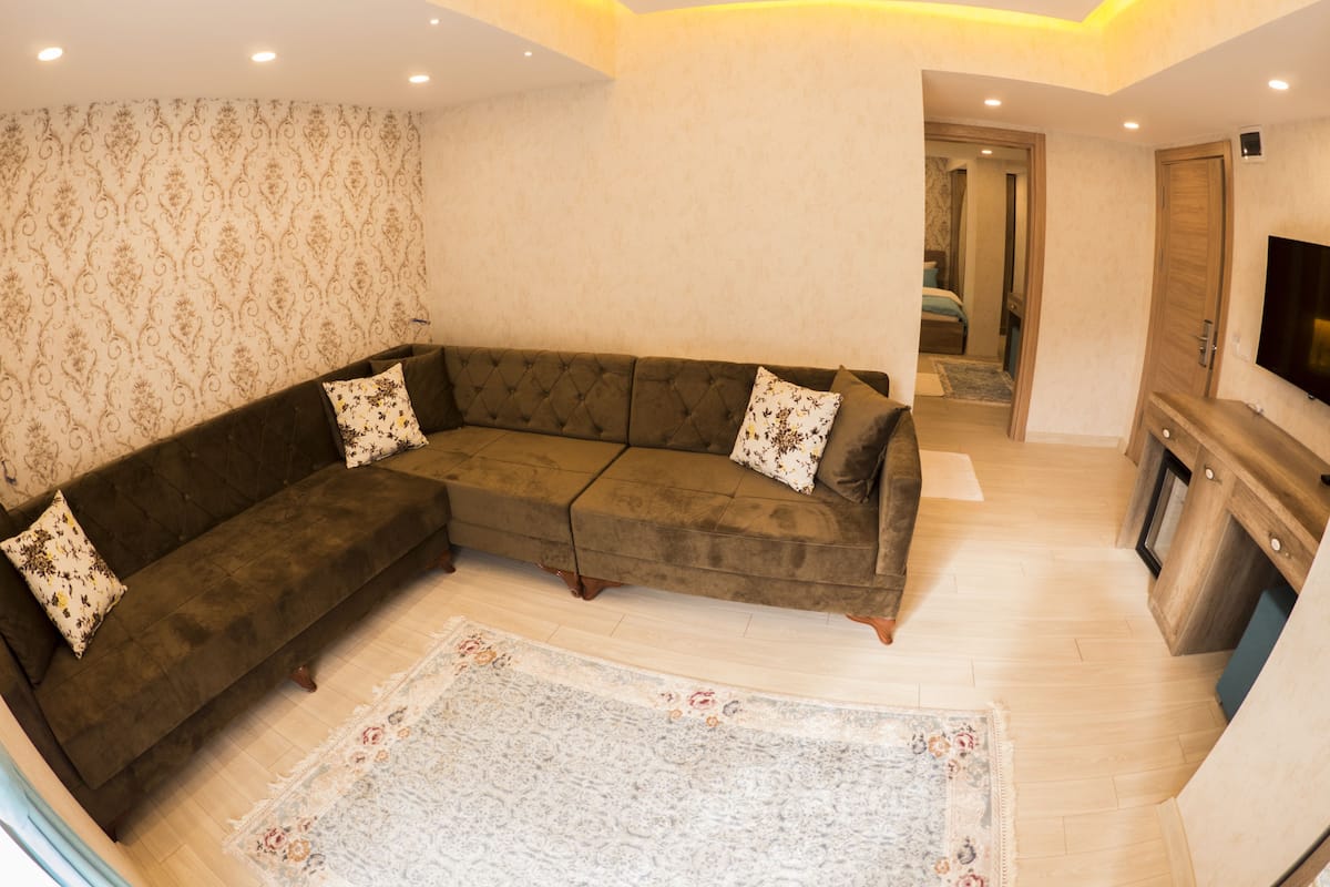 A modern living room with a sectional sofa, a flat-screen TV, and a patterned rug.