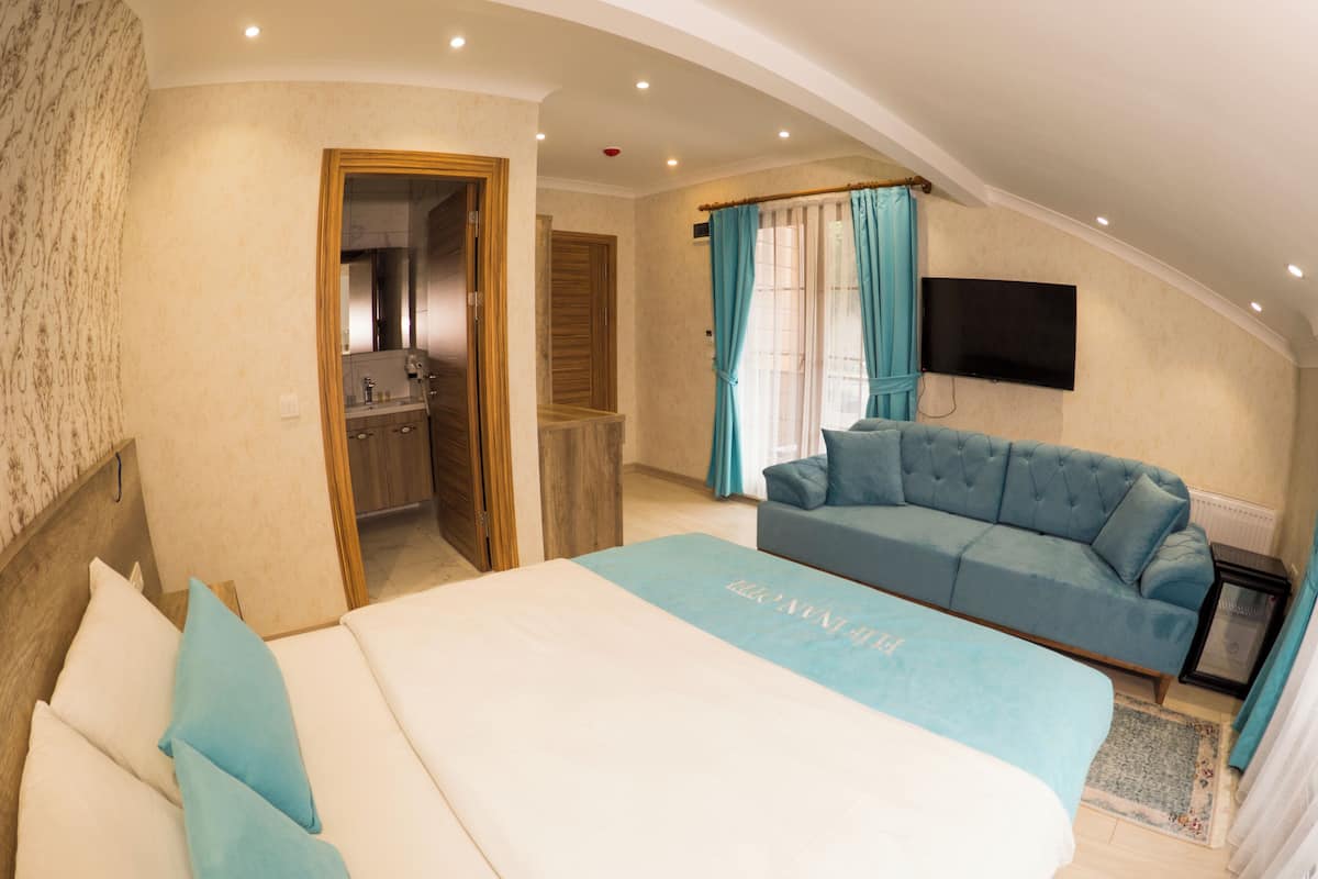 A bedroom with a bed, a sofa, a TV, and a bathroom visible through an open door.