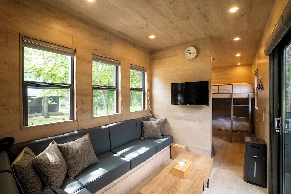L’intérieur chaleureux d’un chalet avec un plafond en bois, un canapé avec des coussins, une petite table, un lit superposé et un téléviseur fixé au mur.
