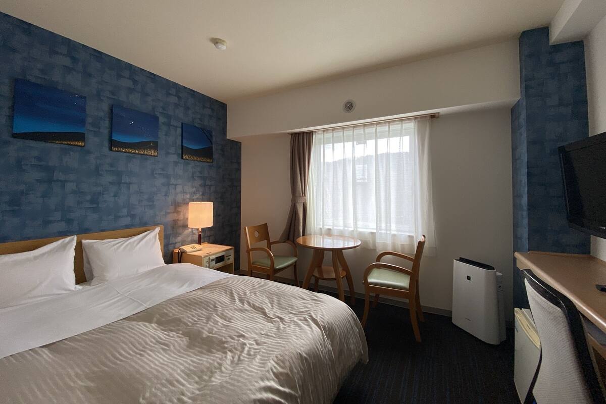 Une chambre d’hôtel avec un lit, un bureau, une chaise, une télévision et une fenêtre avec des rideaux.